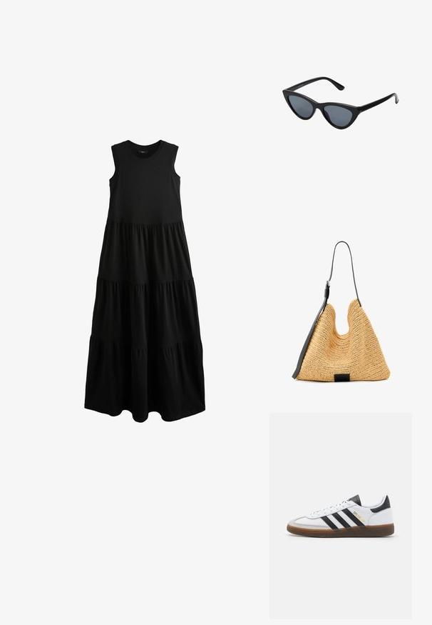 Next SLEEVELESS CREW NECK TIERED - Haljina od žerseja - pitch black; Bijele kožne tenisice s crnim suedinim akcentima, tri crne pruge, bež gumeni potplat i zlatni "SPEZIAL" brend na boku.; Crne mačke naočale sa tamnosivim lećama, elegantan plastični okvir, šiljati uglovi i ravne drške. Bez vidljivih metalnih dijelova ili detalja.; Prirodna tkana torba od trske s teksturiranom površinom, velikim otvorenim vrhom, zakrivljenim oblikom i tamnom kožnom naramenicom. Ima crni akcent na dnu.