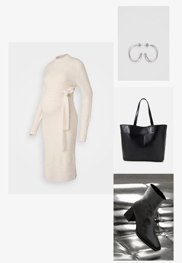Tejjel szőtt, krémszínű kismama ruha hosszú ujjal, kerek nyakkivágással és megkötős derékrésszel. Sima textúra, testhezálló kialakítás.; Fekete bokacsizma fényes anyagból, négyzetes orral és szűkített sarkú, egy csillogó ezüst kárpitozott háttér előtt.; Fekete bőr bevásárlótáska két hosszú fogantyúval, sima felülettel és strukturált formával. Elülső zseb található rajta a plusz tárolás érdekében.; Ezüst karika fülbevalók sima, fényes felülettel. Lekerekített forma, könnyű kialakítással, tűs zárómechanizmussal.