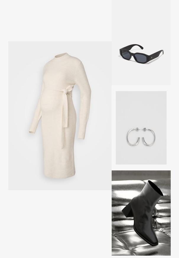 Krēmkrāsas ribota adītas grūtnieču kleita ar garām piedurknēm, apaļu kakla izgriezumu un auklas jostas detaļu. Gluda tekstūra, pieguļoša forma.; Melnas potītes kurpes, izgatavotas no spīdīga materiāla, ar kvadrātveida purngalu un konusveida papēdi, novietotas uz spīdīga sudraba izšūta fona.; Melnas saulesbrilles ar taisnstūra formu, matētu apdari, tumšiem stikliem un nedaudz izliektām kājām. Diskrēts logo akcenti uz vienas kājas.; Sudraba riņķveida auskari ar gludu, spīdīgu apdari. Apaļas formas, viegla dizaina, ar aizdari uz stieples.