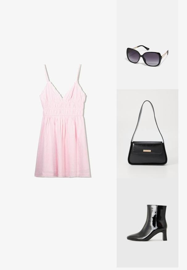 Pale pink sleeveless dress with a deep V-neckline, smocked waist, and ruffled accents along the straps. Fabric appears lightweight and textured.; Black patent leather ankle boot with a pointed toe and a mid-height block heel. Smooth texture and minimalist design.; Black oversized sunglasses with gradient lenses, thick frames, and gold-tone chain detailing on the temple arms.; Black leather handbag with a structured triangular shape, slim strap, and gold-tone hardware featuring a logo plaque on the front flap.