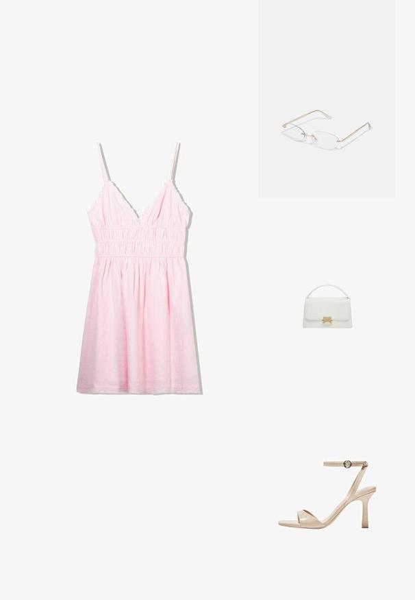 Helles rosa ärmelloses Kleid mit tiefem V-Ausschnitt, geraffter Taille und Rüschendetails an den Trägern. Der Stoff wirkt leicht und strukturiert.; Nude Lackleder-Stiletto mit dünnem Knöchelriemen und runder Schnalle, offenes Zehen-Design und schlanker Stiletto-Ferse.; Goldfarbene Metallbrille mit ovalen Gläsern, schlanken Bügeln und klaren Nasenpolstern. Verfügt über subtile Scharnierakzente und transparente Gläser.; Weiße Lederhandtasche mit strukturiertem Design, ausgestattet mit einem oberen Griff und einem goldfarbenen Verschluss. Glatte Textur und minimalistische Akzente.