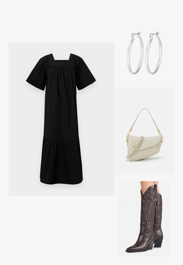 Melnas kokvilnas kleitas ar kvadrātveida dekoltē, īsām pūkainām piedurknēm un savāktu, slāņotu apakšmalu. Vienkārša tekstūra bez rakstiem vai rotājumiem.; Brūni ādas kovboju zābaki ar norādītu purngalu un blokveida papēdi, ar detalizētu šūšanu un paceltiem akcentiem uz kājas daļas.; Maza krēmkrāsas rokas soma ar teksturētu apdari, garu regulējamu siksniņu, ķēdes akcentu un vāciņa aizdari. Zelta aparatūras detaļas.; Sudraba riņķveida auss gredzeni ar gludu, pulētu apdari. Apaļa forma un drošs klikšķa augšējais slēgums. Viegls dizains, kas piemērots ikdienas valkāšanai.