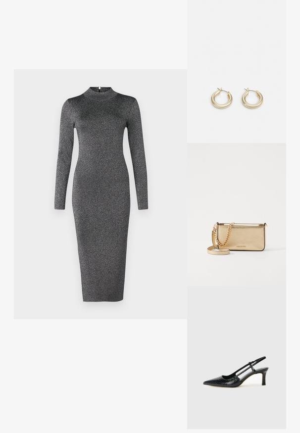 Kle summi dolgimi rokavi in zavitim ovratnikom, v prilegajoči se silhueti, izdelan iz bleščeče črne tkanine s subtilnim sijajem, ki sega tik pod kolena.; Črne lakaste slingback pete s koničastim nosom, ki imajo teksturiran vzorec kačje kože, nastavljiv trak in kratek teksturiran blok peto.; Metalna zlata usnjena torbica z teksturirano površino, opremljena z zlatim verižnim ročajem in odstranljivim naramnim trakom. Logotip blagovne znamke je vtisnjen.; Lauren Ralph Lauren BASIC SMALL HOOP - Uhani - gold-coloured