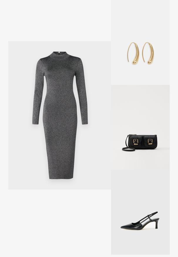 Dlhý rukáv, šaty s vyšším golierom v priliehavom strihu, vyrobené z trblietavého čierneho materiálu s jemným leskom, siahajúce tesne pod kolená.; Čierne patentové slingback topánky na ihlovom podpätku s špicatou špičkou, s textúrovaným hadím vzorom, nastaviteľným popruhom a krátkym, textúrovaným blokovým podpätkom.; Čierna kožená crossbody taška s dvoma prednými vreckami, zlatými sponami, zipsovým uzatváraním a úzkym popruhom. Štruktúrovaný povrch a kompaktný obdĺžnikový tvar.; Náušnice vo forme zlatých kovových kruhov s zakriveným, predĺženým tvarom. Majú hladký, lesklý povrch a zaoblený koniec pre pridanie detailu.