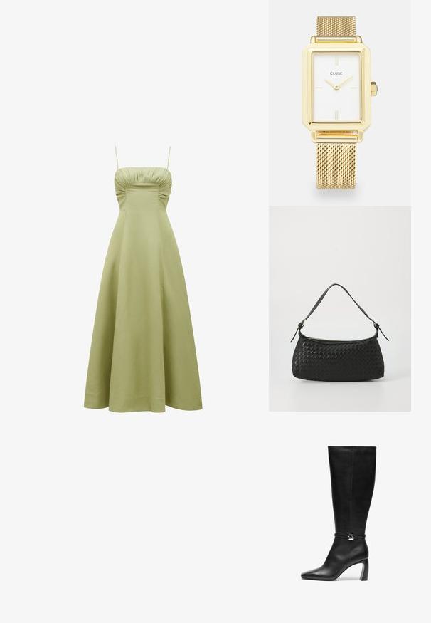 Zaļš midi garuma kleita ar pieguļošu ķermeni, savelkamu detaļu pie kakla un plānām siksnām. Gluda, viegla auduma.; Melna ādas augstās kurpes līdz ceļiem ar smailu purngalu un masīlu papēdi. Ir josta ar apaļu akcentu detalizāciju ap potīti.; Melns austs plecu soma ar gludu ādas siksnu un rāvējslēdzēja aizdari. Iezīmējas ar teksturētu virsmu un izliekumu.; Zelts taisnstūra forma pulkstenis ar baltu seju, minimālistiskiem stundu atzīmēm un metāla tīkla siksniņu. Iekļauts sānu kronis laika regulēšanai.