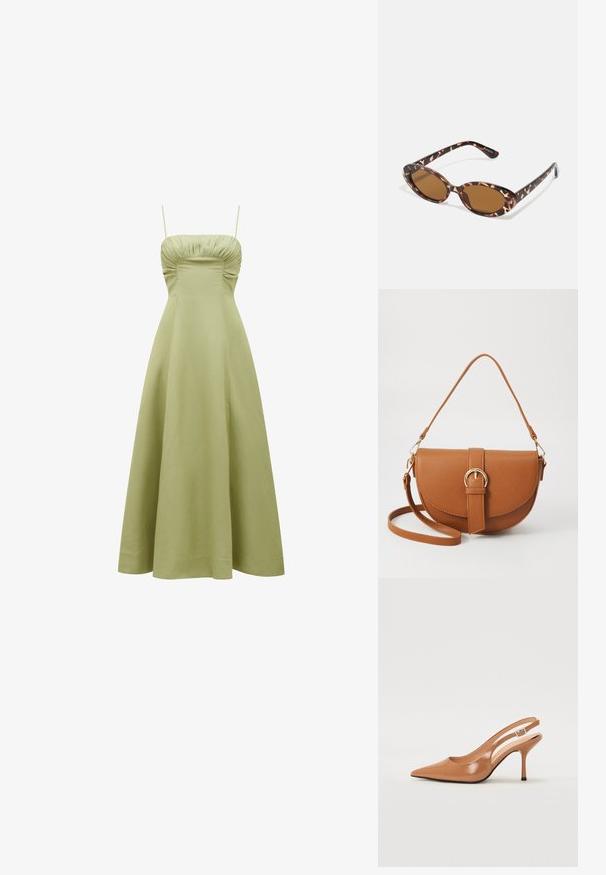 Zöld, midi hosszúságú ruha, jól illeszkedő bodiccsel, redőzött részletekkel a nyakvonalon és vékony pántokkal. Simító, könnyű anyag.; Fingerszűk, hegyes orrú, háttámlás sarokcipő sima, fényes barnás anyagból. Íves kivágású dizájn és karcsú stiletto sarkú. Ezüst csattal ellátva.; Teknősbéka mintás napszemüveg, ovális lencsékkel, barna árnyalatú, vékony karokkal, amelyek texturált mintával rendelkeznek, könnyű műanyag keret.; Barna bőr keresztbody táska ívelt formával, aranyszínű fémrészekkel és csat díszítéssel. Levehető vállpánttal rendelkezik.