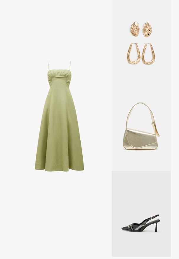 Abito verde di lunghezza midi con corpetto aderente, dettaglio arricciato all'abbottonatura e spalline sottili. Tessuto liscio e leggero.; Scarpa slingback in vernice nera con punta affusolata, cinturini alla caviglia con fibbie in argento e accessori, e tacco sottile.; Borsa a mano metallica dorata con un design strutturato, superficie liscia e tracolla regolabile. Presenta una forma triangolare unica e cuciture minimaliste.; Orecchini in tono oro caratterizzati da forme ondulate eTexture. Comprendono chiusure clip-on scultoree e un design a cerchio aperto con finitura martellata.