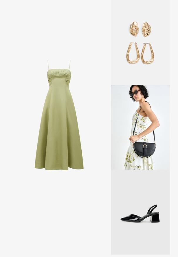 Rochie verde, de lungime midi, cu un corset ajustat, detaliu plisat la decolteu și bretele subțiri. Țesătură netedă și ușoară.; Pantofi cu toc slingback din piele lacuită neagră, cu vârf ascuțit și toc geometric. Prezintă un design elegant, minimalist și o textură netedă.; Geantă din piele neagră, cu o formă curbată, curea detașabilă și accesorii aurii. Geanta are un capac cu un detaliu tip cataramă.; Cercei aurii cu forme texturate și ondulate. Include studs sculpturale cu clip și un design de cerc deschis cu un finisaj cioplit.