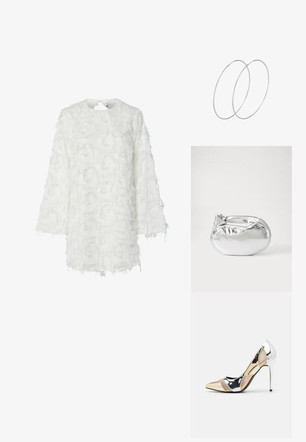 Baltas, tekstūruotas viršus su pūkuota apdaila. Apvalus iškirpimas, ilgos rankovės ir sluoksniuota medžiaga, kuri sukuria 3D efektą su frikcijomis.; Aštrus pirštas aukštakulnis batelis su sidabro, aukso ir nuogų spalvų deriniu. Blizgus paviršius su išpjovos dizainu, su stiletto kulnu.; Sidabrinė metalinė maišelio forma su švelnia, apvalia forma ir mazgu užveriamu viršumi. Pagaminta iš lygios dirbtinės odos medžiagos.; Sidabrinės pusmėnulio auskarai minimalistiniu dizainu. Apskritimo forma, lygus paviršius ir plonas profilis. Lengvi su poliruotu apdailu.