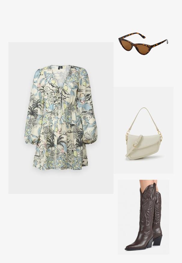 Šaty s krátkym rukávom z ľahkého materiálu, s farebnou tropickou potlačou zobrazujúcou budovy, ovocie a vtáky. Výstrih do V a vrstvený lem.; Hnedé kožené kovbojské topánky s špicatou špičkou a blokovým podrážkou, so zložitým prešívaním a vyvýšenými akcentmi na puzdre.; Mačacie slnečné okuliare s čiernym a oranžovým želvovinovým rámom, hnedými sklami a elegantnými, špicatými koncami. Obsahujú minimalistické logo na spánku.; Malá krémová kabelka s textúrovaným povrchom, dlhým nastaviteľným popruhom, reťazovým detailom a klopovým uzáverom. Zlaté kovové prvky.