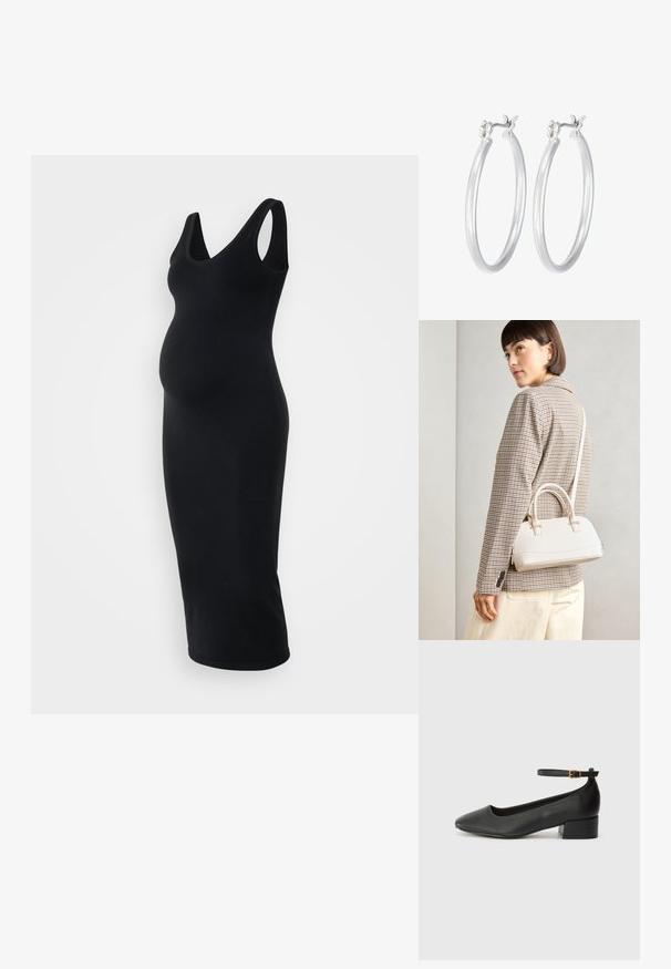 Juodas neįprasto rašto nėščiųjų suknelė su V formos iškirpte, be rankovių dizainu, aptempta siluetu ir kelių ilgio kirpimu. Minkšta tekstūra.; Juodas odinis aukštakulnis batelis su smailiu pirštu ir žemu bloku. Su kulkšnies dirželiu su auksinės spalvos sagtimi. Lygus paviršius.; Balta struktūruota rankinė su trumpomis rankenomis ir peties diržu, su auksinėmis detalėmis ir tekstūruota medžiaga, pastatyta prieš pilką foną.; Sidabriniai auskarai su sklandžiu, poliruotu paviršiumi. Apvalios formos ir saugus uždarymo mechanizmas. Lengvas dizainas, tinkantis kasdieniam dėvėjimui.