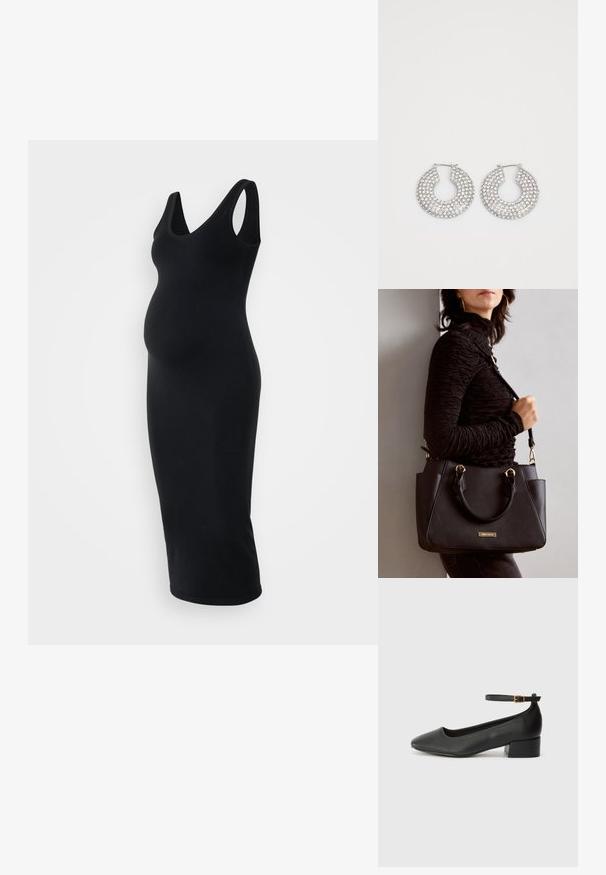Črna rebrasta materinska obleka z V-izrezom in brezrokavnim dizajnom, oprijeta silhueta in dolžina do kolen. Mehka tekstura.; Črne usnjene pumpice z nazobčanimi prsti in nizko blokasto peto. Imajo trak okoli gležnja z zaponko v zlatem tonu. Gladka tekstura.; Črna torbica z teksturirano površino, z dvema zgornjima ročajema in nastavljivim ramenskim pasom. Ima zlatovrateče dodatke in stranske žepe.; Srebrni obročasti uhani okrašeni z več prozornimi kristalnimi poudarki, ki imajo teksturirano površino in odprto okroglo zasnovo.
