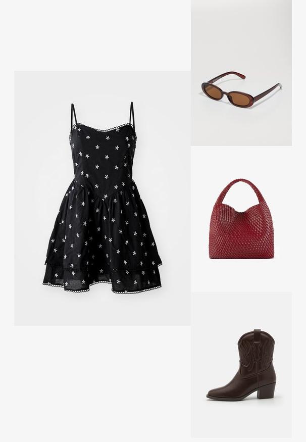 Melna kokvilnas kleita ar baltu ziedu izšuvumu, ar smalkām siksnām, izplūdušu svārku un viļņainu malu apakšā.; Brūni ādas kovboju zābaki ar norādītām purngaliem, izdobiļa spārnu rakstiem, vidēji augstu bloku papēdi un cilpu aizmugurē.; Apaļas, brūnīgi nokrāsotas saulesbrilles ar spīdīgu bordo rāmīti. Šauri kāti ar diskrētu zīmola detaļu. Plakana objektīva dizains.; Sarkans austs rokassomi, kas izgatavota no ādas, ar noapaļotu siluetu un vienu biezu rokturi. Tekstūra ir gluda ar pinumu rakstu.