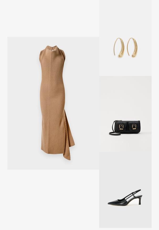 Hladko pletené šaty v teplom béžovom odtieni s vysokým golierom a bočným rozparkom, s priliehavým strihom a jemnou textúrou.; Čierne patentové slingback topánky na ihlovom podpätku s špicatou špičkou, s textúrovaným hadím vzorom, nastaviteľným popruhom a krátkym, textúrovaným blokovým podpätkom.; Čierna kožená crossbody taška s dvoma prednými vreckami, zlatými sponami, zipsovým uzatváraním a úzkym popruhom. Štruktúrovaný povrch a kompaktný obdĺžnikový tvar.; Náušnice vo forme zlatých kovových kruhov s zakriveným, predĺženým tvarom. Majú hladký, lesklý povrch a zaoblený koniec pre pridanie detailu.