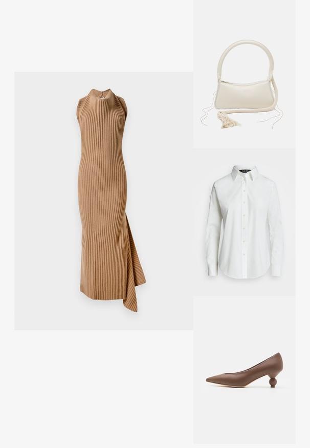 Ribota adīta kleita siltā bežā krāsā, ar augstu kakla līniju un sānu spraugu, formai pieguloša silueta un gludu tekstūru.; Balta garām piedurknēm pogājama krekls, kas izgatavots no kokvilnas. Tam ir klasiskā apkakle, septiņas pogas un nemanāms logotips izšūts uz krūšu.; Brūnas ādas kurpes ar smailu purngali un unikālu noapaļotu papēdi. Gluda tekstūra, elegants dizains un minimālistiska apdare.; Krēma krāsas rokassoma ar noapaļotu rokturi, ar rāvējslēdzēju aizdari un pompa detaļu. Iezīmējas ar gludu ādas tekstūru un kontrastējošu auduma apdari.