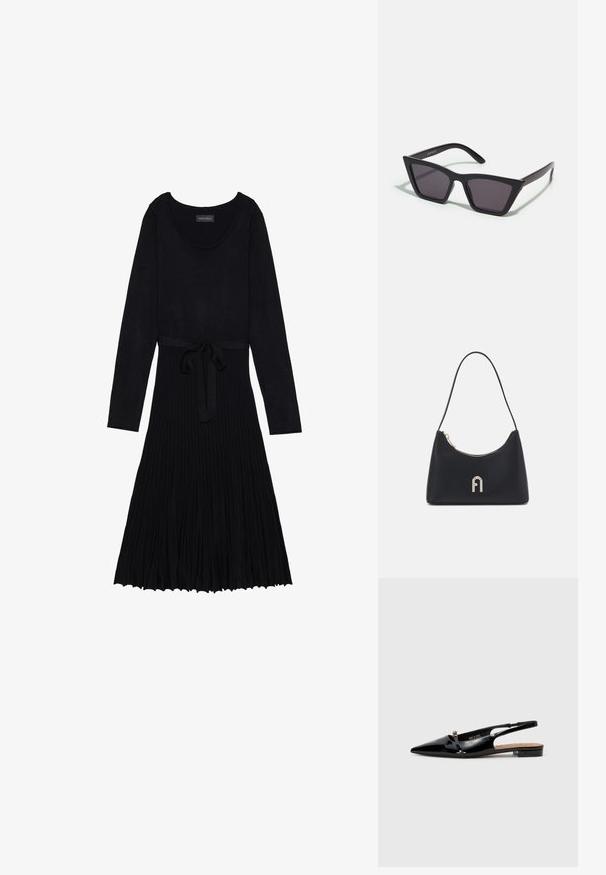 Juoda suknelė su ilgomis rankovėmis, apvalia iškirpte ir juosmenį akcentuojančiu diržu. Suknelė turi nugarinę tekstūrą ir laisvai krentančią, raukšlių suknelę.; Juodos lakuotos odos bateliai su atvira kulno dalimi, smailiu nosiu, minimalizmo stiliaus dizainu, mažu kulniuku ir sidabriniu segtuku ant dirželio.; Juodos, kampuotos saulės akinios su pilkais stiklais; pagaminti iš plastiko, su storomis šakėmis, turinčiomis lygų paviršių ir be matomų detalių.; Juodas pečių krepšys, pagamintas iš lygios medžiagos, turintis kreivinę formą, auksinį užtrauktuką ir auksinį įspaustą logotipo akcentą priekyje.