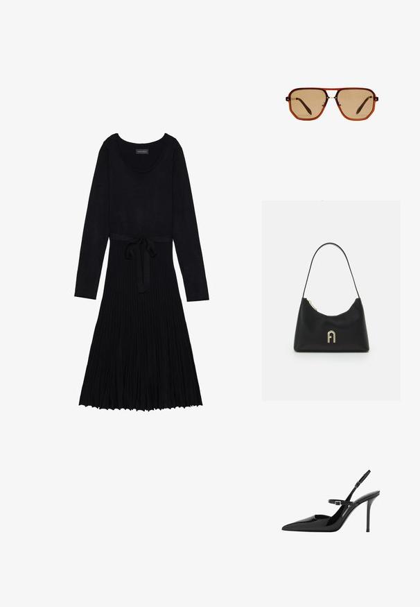 Abito nero con maniche lunghe, scollatura a barchetta e vita con cintura. Presenta una texture a coste e una gonna fluida e plissettata.; Slingback in vernice nera con tacco a stiletto, punta affusolata e cinturino regolabile. Superficie liscia con finitura lucida.; Occhiali da sole ottagonali marroni con montatura trasparente color ambra e lenti sfumate marroni. Caratterizzati da un accento metallico sul ponte e stecche sottili.; Borsa nera realizzata in materiale liscio, con una forma curvata, una sola tracolla e un accento in logo color oro sulla parte anteriore.