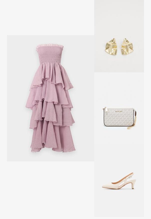 Rochie lavandă fără bretele, cu elastic pe piept, straturi de volane, textură fluidă și tiv evazat; material ușor.; Sandaie cu toc alb, cu vârful ascuțit, material superior neted, toc mic tip bloc și design cu decupaj lateral, cu curea ajustabilă.; Clutch Michael Kors din canva acoperit bej, cu un model repetitiv al logo-ului MK, accesorii din aur și o curea cu lanț detașabil.; Cercei metalici aurii cu un design ondulat; suprafață netedă și reflectorizantă; formă asimetrică; fără modele sau accesorii vizibile.