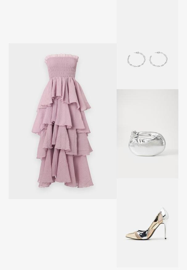 Bez siksnām, smocked lavandas krāsas kleita ar slāņainām volāniem, plūstošu tekstūru un izplestu apakšmalu; viegla auduma.; Apspīlēta augstpapēžu kurpe ar zeltītu, sudrabi un neitrālu krāsu kombināciju. Spīguļojoša virsma ar izgriezuma dizainu, aprīkota ar stiletto papēdi.; Sudraba metāliska poga somiņa ar mīkstu, noapaļotu formu un mezgla augšējo aizdari. Izgatavota no gludas mākslīgās ādas materiāla.; Sudraba gredzenveida auskari ar savītu dizainu, kas ir ar pulētu apdari un ar aizmugurēju fiksāciju. Izmērs ir aptuveni 3 cm diametrā.