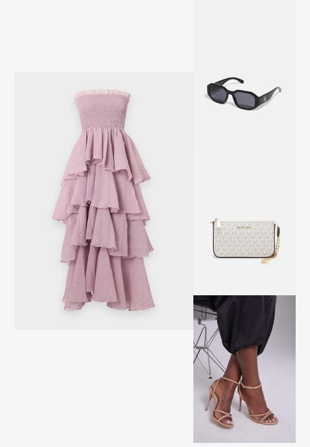 Olkaimeton, kiristetty laventelikuvioinen mekko, jossa on kerroksellisia röyhelöitä, virtaava rakenne ja levenevä helma; kevyt kangas.; Beige korkease sandaalit, joissa on kristallikoristeluja, avoin varvas, ohuet hihnat ja tyylikäs siluetti.; Mustat aurinkolasit, joissa on oktaalinen kehys, tummat linssit, kiiltävää muovimateriaalia ja hopeinen logoasetelma toisella puolella.; Michael Kors kääröbeige pinnoitettua kangasta, jossa on toistuva MK-logo -kuvio, kultaiset yksityiskohdat ja irrotettava ketjuhihna.; Kultaiset metalliset korvakorut, joissa on aaltoileva muotoilu; sileä, heijastava pinta; epäsymmetrinen muoto; ei näkyviä kuvioita tai mekanismeja.