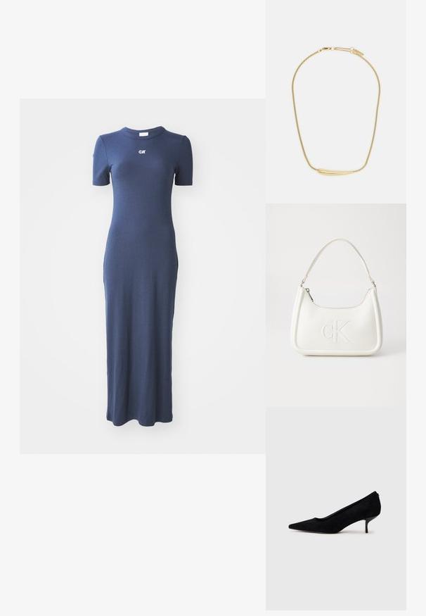 Rochie tricotată ribbed de culoare albastru marin, cu o siluetă ajustată, mâneci scurte și un decolteu rotund. Prezintă un mic logo pe piept.; Pantofii cu toc înalt din suede negru, cu vârf ascuțit și un toc subțire, jos. Textură netedă, cu un design elegant, fără hardware vizibil.; Geantă de umăr din piele albă cu formă curbată, având un logo "CK" embosat pe partea din față și un singur braț de umăr. Închidere cu fermoar în partea de sus.; Colier placat cu aur, cu un accent central neted și curbat. Dispune de o chaină flexibilă cu un închizător tip homar și link-uri suplimentare ajustabile.