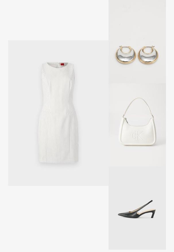 Hvit ermeles kjole med vertikale svarte striper. Har rund halslinning, figursydde linjer og to frontlommer. Glatt tekstur.; Svart spiss tå slingback-sko med lav hæl, laget av jevnt skinnmateriale og med utskåret design på siden for pusteevne.; Hvit lærveske med en buet fasong, med et preget "CK"-logo på forsiden og en enkel skulderstropp. Glidelåslukking på toppen.; Små hoops med gullkant og en blank, reflekterende sølvfarge på innsiden, vist side om side på en hvit bakgrunn.