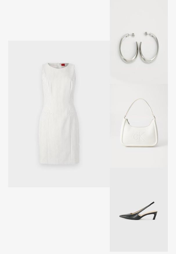 Rochie albă fără mâneci, cu dungi verticale negre. Dispune de un guler circular, o siluetă ajustată și două buzunare frontale. Textură netedă.; Pantof cu toc mic, cu vârf ascuțit și slingback, realizat din piele netedă, având un design decupat pe lateral pentru respirabilitate.; Geantă de umăr din piele albă cu formă curbată, având un logo "CK" embosat pe partea din față și un singur braț de umăr. Închidere cu fermoar în partea de sus.; Cercei din argint, cu un design neted și curbat. Prezintă o finisare metalică strălucitoare și închidere cu stud. Fără modele sau accente vizibile.