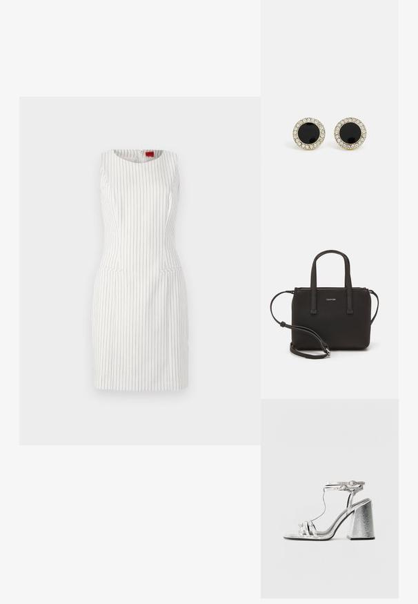 Bílá bezrukávová šaty s vertikálními černými pruhy. Obsahuje kulatý výstřih, přiléhavý střih a dvě přední kapsy. Hladká textura.; Stříbrné sandály na blokovém podpatku, se štíhlými popruhy a sponou kolem kotníku. Materiál má metalický povrch s texturovaným vzhledem.; Černá kabelka s dvojitými krátkými uchy a odnímatelným ramenním popruhem. Hladký koženkový materiál s uzávěrem na zip a detailem loga.; DKNY INLAY STUD - Náušnice - black/gold-coloured