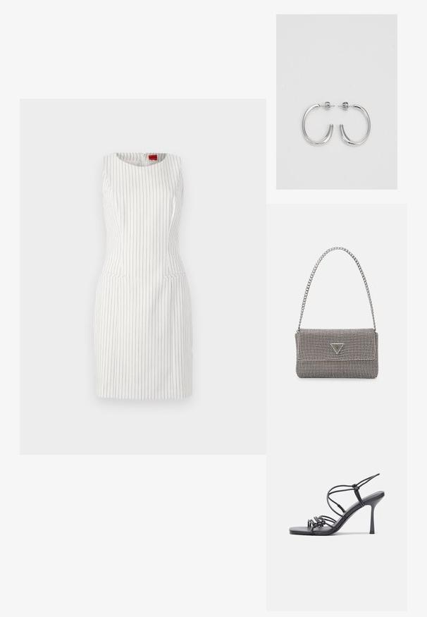 Fehér ujjtalan ruha függőleges fekete csíkokkal. Kerek nyakkivágással, testhez álló szabással és két elülső zsebével rendelkezik. Simaszerkezetű.; Fekete magas sarkú szandálok vékony pántokkal, csomózott mintával, sima négyzetes orral és karcsú stiletto sarkal rendelkeznek.; Világosszürke fémes kézitáska lánc pánttal, kis kör alakú fém kifinomult díszítéssel és háromszög alakú márkagéppel.; Ezüst karika fülbevalók sima, fényes felülettel. Lekerekített forma, könnyű kialakítással, tűs zárómechanizmussal.