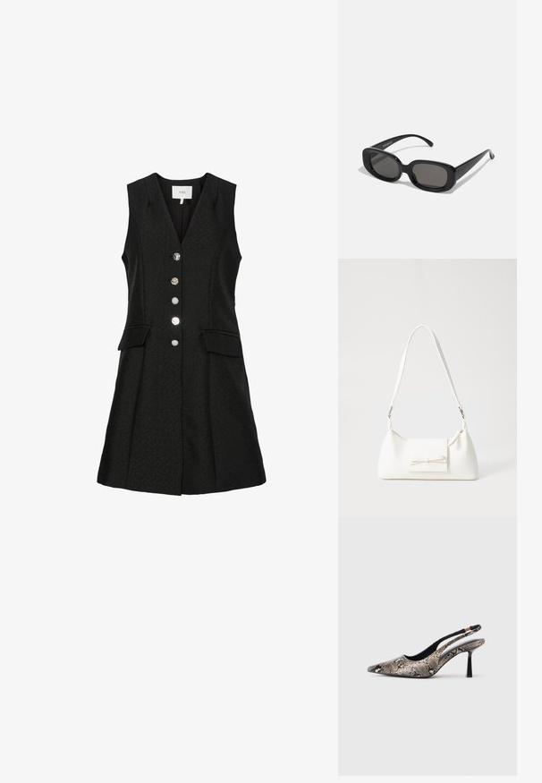 Čierne sukňové šaty bez rukávov s výstrihom do V, so piatimi kovovými gombíkmi, dvoma prednými vreckami a rozšíreným strihom sukne. Štruktúrovaná tkanina.; Špicaté slingback topánky vyrobené z textúrovaného hadieho vzoru, s tenkým čiernym podpätkom a výrezovým dizajnom na stranách.; Čierne obdĺžnikové slnečné okuliare s tmavými sklami. Hrubý plastový rám, hladký povrch a zaoblené hrany. Štýlové patky sa rozširujú von.; Biela syntetická kabelka s trojuholníkovým tvarom, plochým predným klapkou a detailom mašle, nastaviteľným popruhom, hladkou textúrou a minimalistickým dizajnom.
