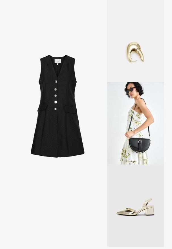 Černé bezramínkové šaty s výstřihem do V, se pěti kovovými knoflíky, dvěma předními kapsami a rozšířeným designem sukně. Texturovaná látka.; Kovové zlaté pantofle na podpatku s špičatou špičkou a masivním podpatkem. Hladký povrch, minimalisticý design a úzký pásek.; Černá kožená kabelka s křivkovým tvarem, odnímatelným popruhem a zlatými detaily. Kabelka má klopu s přezkou.; Náušnice ve zlatém tónu z kovu s elegantním zakřiveným designem. Vyznačují se jedinečným špičatým tvarem, lesklým povrchem a závěsem na kloub.