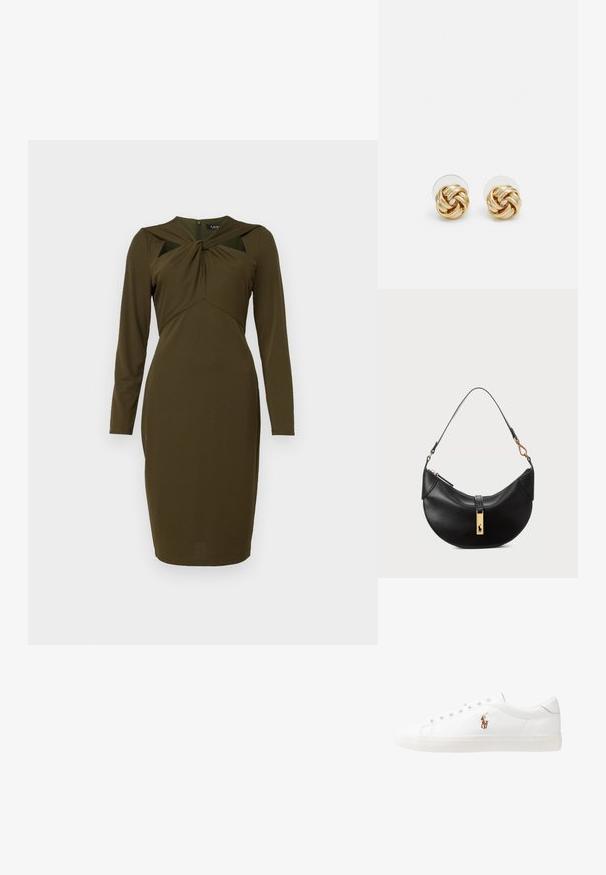 Vestido verde oliva fabricado en un tejido suave, con mangas largas, diseño de cuerpo torcido y cremallera en la parte posterior. Estilo de longitud media.; Zapatillas de cuero blancas, diseño de corte bajo, con una textura suave, puntera redonda, cordones en la parte delantera y un pequeño logo bordado en el lateral.; Bolso de cuero negro en forma de media luna. Presenta un acento de hardware dorado y una correa estrecha. Textura suave, cierre de cremallera en la parte superior.; Pendientes de botón en tono dorado con un diseño retorcido. Cada pendiente cuenta con un respaldo circular transparente para una sujeción segura.
