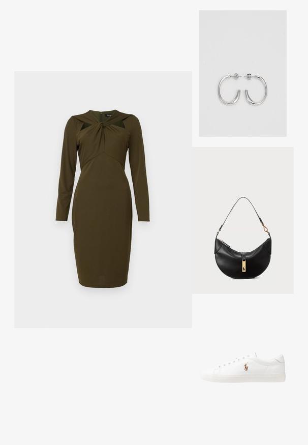 Oliņzaļš kleita, kas izgatavota no gluda auduma, ar garām piedurknēm, savērptu krekla dizainu un aizmugures rāvējslēdzēju. Vidēja garuma stils.; Baltas ādas sporta apavi, zema dizaina, ar gludu tekstūru, noapaļotu purngalu, ar auklēm priekšpusē un nelielu izšūtu logotipu sānos.; Melnas ādas rokas soma pusmēness formas. Iezīmē zelta metāla akcentus un šauru siksniņu. Gluda tekstūra, rāvējslēdzēja aizdare augšpusē.; Sudraba stīpas auskari ar gludu, spīdīgu virsmu, izceļas ar izliektaveida formu un aizdari ar tapu. Minimālistisks dizains ar mūsdienīgu apdari.