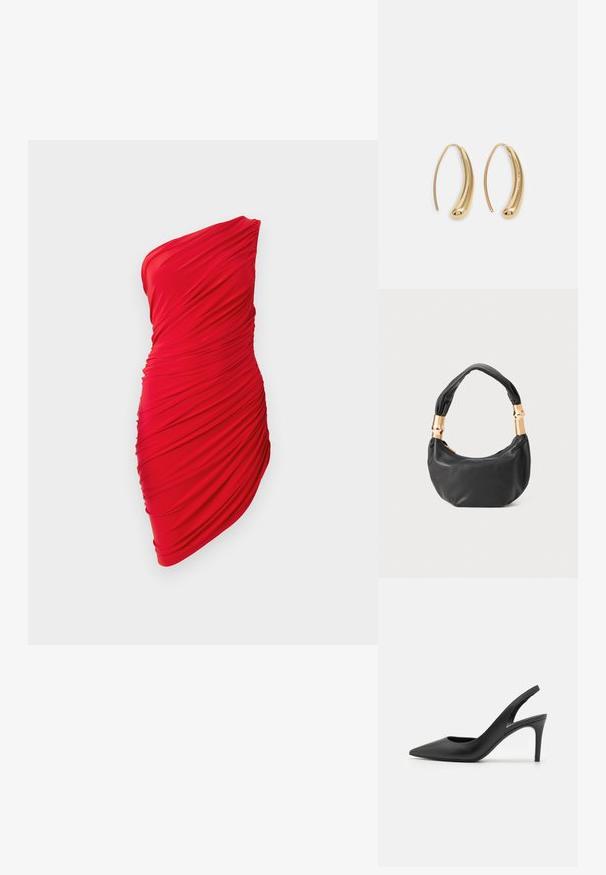 Piros, egy vállat szabadon hagyó ruha összehúzott anyagból, ráncos textúrával és testhezálló fazonnal, amely hangsúlyozza a nőies vonalakat.; Fekete bőrszíjjal ellátott magassarkú cipők, hegyes orral, elöl kivágott dizájnnal és vékony stiletto sarkakkal.; Fekete bőr kézitáska kerek formával, puha textúrával és csomózott fogantyúval, aranyszínű fém díszítéssel. Cipzáras záródás.; Aranyszínű fémből készült karika fülbevalók ívelt, hosszúkás formával. Simaságával és fényes felületével, valamint lekerekített végével további részletekkel bővül.