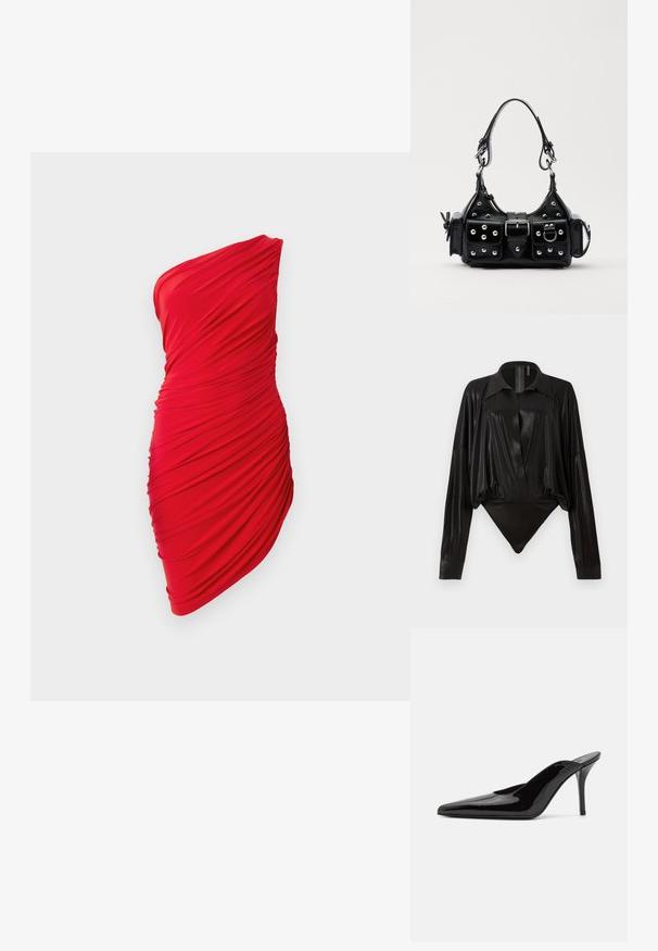 Červené šaty na jedno rameno vyrobené z nařasené látky, která nabízí ruflovou texturu a přiléhavý střih, zvýrazňující křivky.; Černý body s dlouhými rukávy, výstřihem do V a přiléhavým střihem. Vyrobeno z lesklého, hladkého materiálu se strukturovaným límcem a manžetami.; Černé lakované kožené muly na vysokém podpatku s špičatou špičkou a elegantním siluetou, s otevřenou zadní částí a štíhlým stiletto podpatkem.; Černá kožená kabelka s křivkovým designem, zdobená stříbrnými hřebíky, s přezkou a dvěma bočními kapsami. Nastavitelný popruh pro různé možnosti nošení.