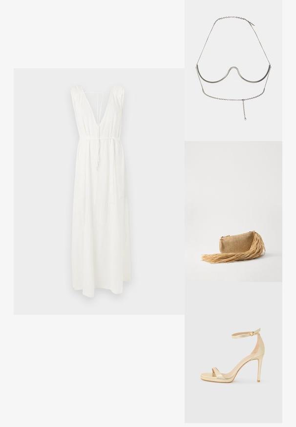 Rochie maxi albă cu decolteu în V adânc, design fără mâneci și spate reglabil cu șnur. Prezintă o croială lejeră și o țesătură texturată.; Sandalie aurii metalice cu toc înalt, cu vârf deschis, curea la gleznă cu cataramă și talpă platformă pentru un plus de înălțime. Textură netedă.; Cult Gaia VIERA - Geantă plic - natural; Cult Gaia ASHA BODY JEWELRY - Alte accesorii - bright shiny silver-coloured