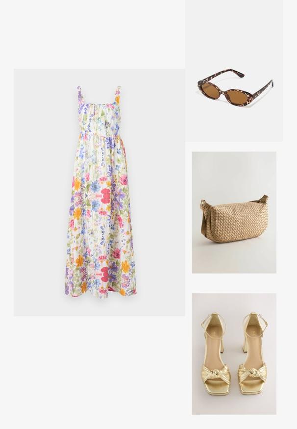 Blomstret maxiklædning med elastisk halsudskæring og stropper, der præsenterer farverige blomster på en lys baggrund. Flydende stof, afslappet pasform.; Guld hælede sandaler med et knyttet, plisseret stroppedesign, firkantet tå og ankelrem med metallisk finish. Glat tekstur, blokhæl.; Skildpaddemønstrede solbriller med ovale linser, brunt farvetone, tynde stænger med et struktureret mønster, letvægts plastisk ramme.; Vævet beige taske med en buet form, der har lynlåslukning, justerbar strap og en tekstureret overflade med kurvweave-mønster.