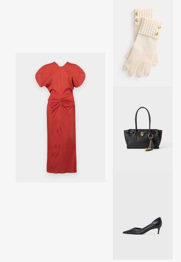Raudona suknelė su struktūrizuota forma, plačiomis trumpomis rankovėmis ir surinkimu nugaroje. Pagaminta iš tekstūruoto audinio, ilga iki žemės.; Juodi odiniai aukštakulniai su smailiu priekeliu ir žemu kulnu. Turi lygią tekstūrą ir subtilų blizgesį. Priekyje yra atvira anga, suteikianti papildomo detalių.; Juoda odinė rankinė su dviem rankenomis, auksiniu užraktu ir grandinėlės detale, bei juodai baltu kutu prieš baltą foną.; Kremo spalvos vilnonės pirštinės su raukšlėmis ant rankogalių, kurių viršuje yra po du dekoratyvinius auksinius mygtukus. Minkšta tekstūra su pirštų atidaromaisiais angomis.