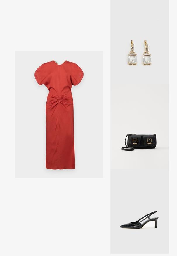 Κόκκινο φόρεμα με δομημένο σχήμα, φαρδιές κοντές μανίκες και συγκεντρωμένη λεπτομέρεια στην πλάτη. Φτιαγμένο από υφή υφάσματος, σχέδιο που φτάνει μέχρι το πάτωμα.; Μαύρη πατέντα σλινγκμπάκ γόβα με μυτερή μύτη, διαθέτει υφή από φίδι, ρυθμιζόμενο λουρί και κοντή, υφή τετράγωνη φτέρνα.; Μαύρη δερμάτινη τσάντα ώμου με δύο μπροστινές τσέπες, χρυσά κούμπωματα, κλείσιμο με φερμουάρ και λεπτό λουρί. Υφή επιφάνειας και κομψό ορθογώνιο σχήμα.; Χρυσά σκουλαρίκια με ορθογώνιο, καθαρό κρύσταλλο που κρέμεται κάτω από μια σειρά μικρών, στρογγυλών, καθαρών λεπτομερειών. Λεπτός, σύγχρονος σχεδιασμός.