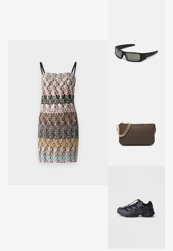 Õhuke pitskleit reguleeritavate mustade rihmadega, millel on mitmevärviline lillemuster roosa, rohelise, pruunika ja kollase tooni seest. Lühike lõige.; Mustad must sportlik jalanõud tekstureeritud võrkkattega, tugevdatud varbaga ja kiire kinnitusüsteemiga. Omab jämedat talda ja kerget kontsahaardust.; Mustad mustaga viimistlusega prillid, ristkülikukujulised läätsed, templite kerge kõverus, diskreetne logo detail ja suitsutatud läätsed.; Pruun naha rihmats, millel on logo muster, kuldne kett-riiul, tõmblukk ja kuldsetest detailidest aksessuaarid. Kompaktne ja ristkülikukujuline kuju.