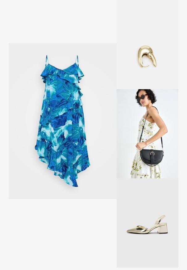 Blå blomsterkjole med volanger, tynne justerbare stropper og asymmetrisk kant. Laget av lett, flytende stoff.; Gull, metallisk slingback-hæler med spiss tå og chunky hæl. Glatt tekstur, minimalistisk design og en smal stropp.; Svart lærveske med en buet form, avtagbar stropp og gullbeslag. Vesken har et klaff med spenne-detall.; Gullfarget metalløredobber med et elegant, buet design. Har en karakteristisk spiss form, polert overflate og hengsel-lukking.