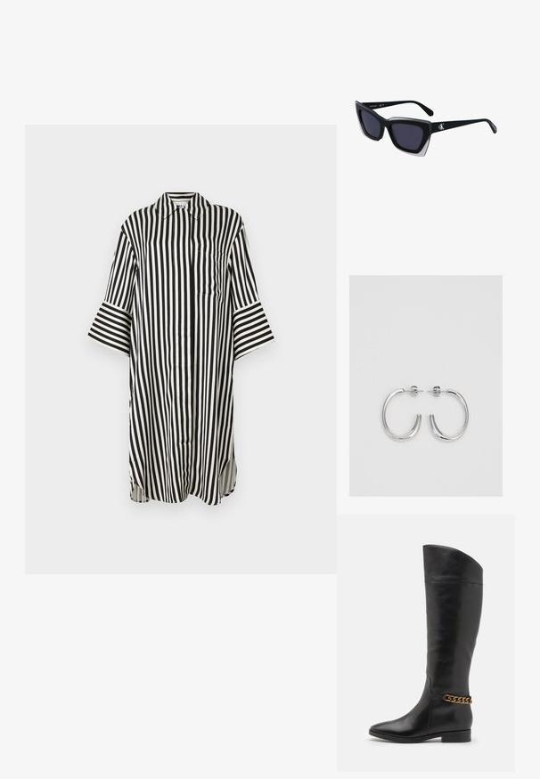 Schwarz-weiß gestreiftes Hemd mit Kragen, langen Ärmeln, einer Brusttasche und seitlichen Schlitzen am unteren Saum. Glatte Stofftextur.; Hohe schwarze Lederstiefel mit elegantem Design, spitzer Zehe und einem goldenen Kettenakzent am Knöchel. Tiefer Blockabsatz. Glatte Textur.; Schwarze übergroße Sonnenbrille mit geometrischer Form, ausgestattet mit dunklen Gläsern und einem kontrastierenden grauen Detail im Rahmen. Logo am Bügel.; Silberne Creolen mit einer glatten, glänzenden Oberfläche. Abgerundete Form, leichtes Design, mit einer Steckverschluss.