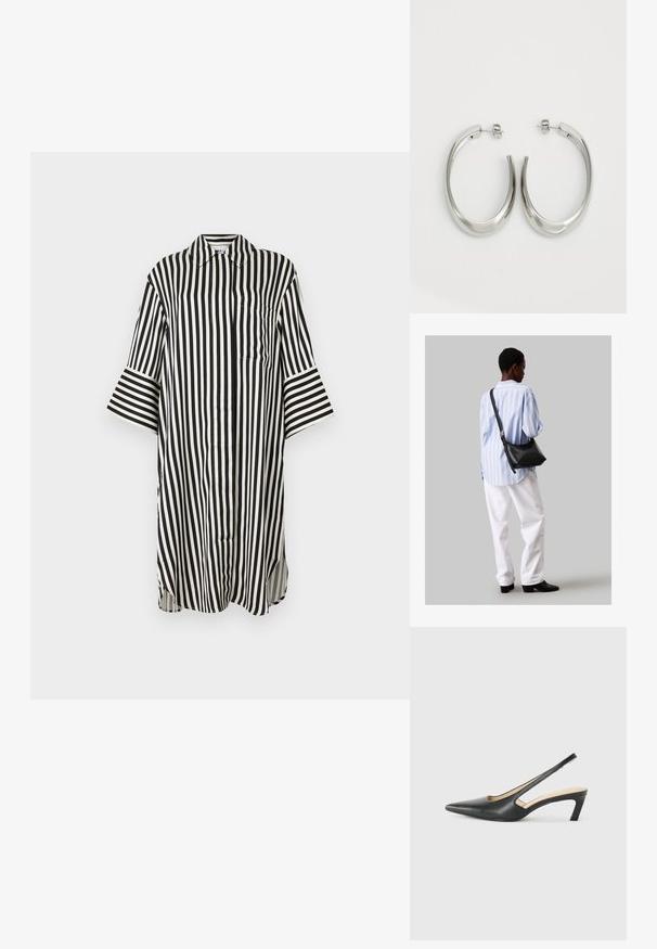 Mustvalge triibuline särk krae, pikad varrukad, rinnatasku ja külgmised lõhikud alumises servas. Sile kangastekstuuri.; Must mustaga, terav varvas, madala kontsaga sildiga king, mis on valmistatud siledast nahast ja mille küljel on lõike disain hingavuse tagamiseks.; Must have mustras alasi nahkpatsi, pehme tekstuuriga, kolmnurkse kujuga ja reguleeritava rihmaga, koos helesinise triibulise särgi ja valgete pükstega.; Hõbe rõngas kõrvarõngad, millel on sujuv ja kõver kuju. Omab läikivat metallist viimistlust ja nupuga sulgemist. Pole nähtavaid mustreid ega aksessuaare.