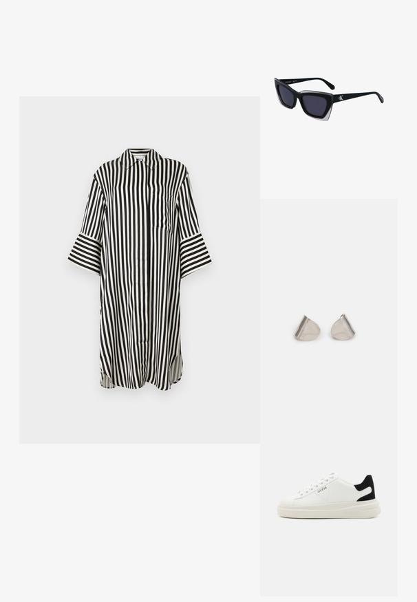 Camicia a righe bianche e nere con colletto, maniche lunghe, taschino sul petto e fessure laterali all'orlo inferiore. Tessuto morbido.; Sneaker bianchi in pelle con suola spessa bianca, accento in suede nero sul tallone e logo impresso sul lato. Design con lacci e sei fori per i lacci.; Occhiali da sole oversize neri dalla forma geometrica, con lenti scure e un dettaglio grigio a contrasto sulla montatura. Logo sul braccio.; Orecchini in metallo argentato con forma a goccia liscia e finitura lucida. Incisioni sottili aggiungono dettagli. Design minimalista.