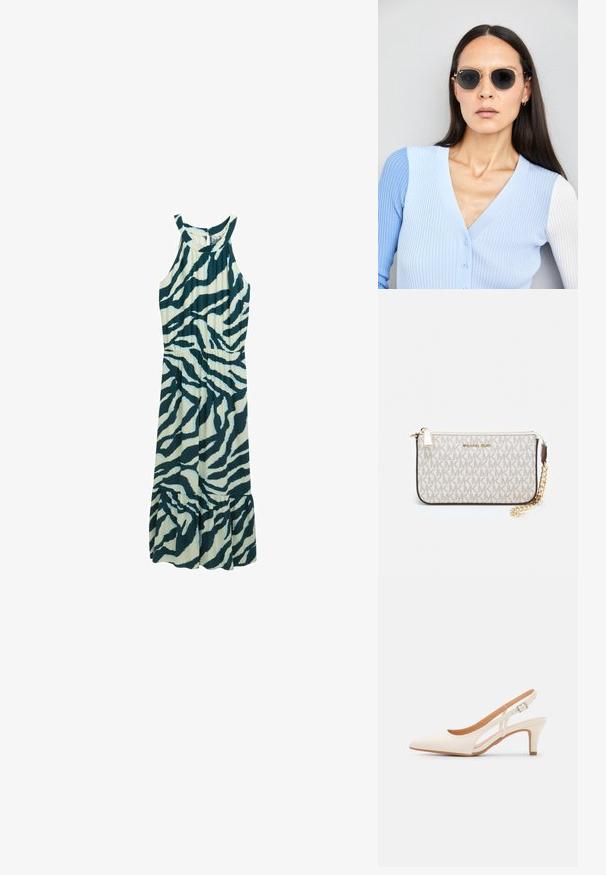 Rochie midi fără mâneci în teal deschis cu dungi zebra în teal închis. Are o talie strânsă și o margine volantă evazată. Confecționată dintr-un material ușor.; Sandaie cu toc alb, cu vârful ascuțit, material superior neted, toc mic tip bloc și design cu decupaj lateral, cu curea ajustabilă.; Ochelari de soare rotunzi cu lentile întunecate și rame aurii. Modelul poartă un cardigan ribbed de culoare albastru deschis cu nasturi și mâneci albe în contrast.; Clutch Michael Kors din canva acoperit bej, cu un model repetitiv al logo-ului MK, accesorii din aur și o curea cu lanț detașabil.