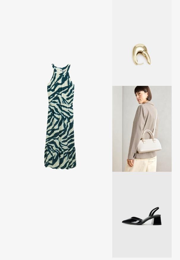 Abito midi senza maniche in turchese chiaro con strisce zebrato in turchese scuro. Presenta una vita aderente e un orlo a balze svasato. Realizzato in tessuto leggero.; Décolleté in vernice nera con punta affusolata e tacco in geometria cubica. Presentano un design elegante e minimalista, con una texture liscia.; Borsa a mano bianca strutturata con manici corti e tracolla, dotata di dettagli in metallo dorato e materiale testurizzato, esposta su uno sfondo grigio.; Orecchino in metallo color oro con un design elegante e curvo. Presenta una forma appuntita distintiva, superficie lucida e chiusura a cerniera.