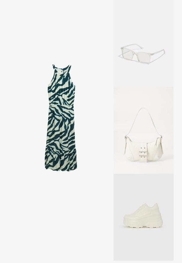 Bezgala midi kleita gaiši tēlētā krāsā ar tumši tēlētām zebras svītrām. Ar pieguļošu vidukli un izplestu volānu apakšējo mali. Izgatavota no viegla auduma.; Baltie platformas sporta apavi, kas izgatavoti no gludas mākslīgās ādas, ar noapaļotu formu, mīkstu apkakli un teksturētu gumijas zoli ar izteiktiem rakstiem.; Caursplūstošas kvadrātveida brillēs ar caurspīdīgiem lēcām, ar zelta akcentiem uz tempļiem, lai pievienotu detaļas.; Balts plecu soma ar teksturētu apdari, centrālu sprādzi un izliekta forma. Ražota ar rāvējslēdzēja aizdares abās pusēs.