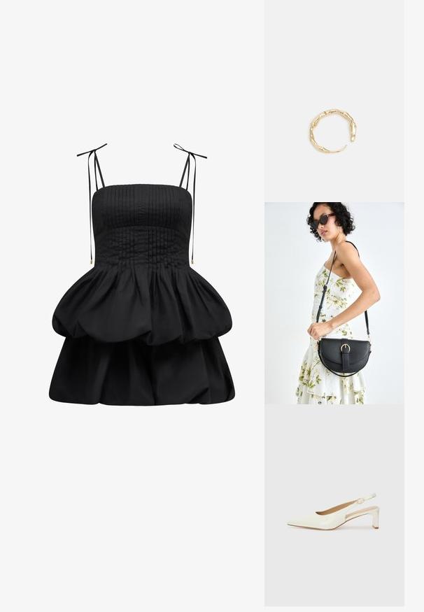 Svart klänning med en plisserad bodice, justerbara knytband och en lager-på-lager volangfåll. Tillverkad av ett mjukt tyg med en strukturerad silhuett.; Vit patentläder slingback-sko med spetsig tå och låg blockklack. Har en diskret rem med detalj i guldton.; Svart läderhandväska med en böjd form, avtagbar rem och guldiga detaljer. Väskan har ett lock med en spänndetalj.; Ring i guldutförande med en organisk, vriden design, slät yta och avsmalnande ändar, vilket ger ett modernt, skulpturalt utseende.