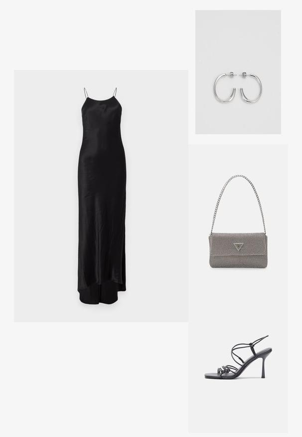 Fekete selymes maxi ruha vékony spagetti pántokkal, testhez simuló siluettel és oldalsó hasítékkal. Simaszövet, enyhe fényű.; Fekete magas sarkú szandálok vékony pántokkal, csomózott mintával, sima négyzetes orral és karcsú stiletto sarkal rendelkeznek.; Világosszürke fémes kézitáska lánc pánttal, kis kör alakú fém kifinomult díszítéssel és háromszög alakú márkagéppel.; Ezüst karika fülbevalók sima, fényes felülettel. Lekerekített forma, könnyű kialakítással, tűs zárómechanizmussal.
