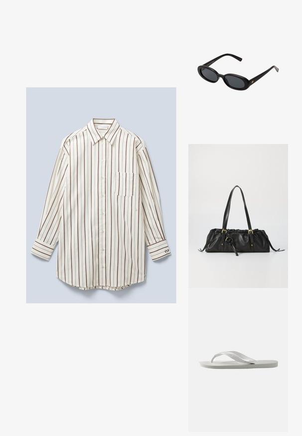 Dlhý rukáv, košeľa na gombíky vyrobená z ľahkej tkaniny, s vertikálnymi bielymi a hnedými pruhmi, prsním vreckom a gombíkovými manžetami.; Biele šľapky s textúrovanou podrážkou a dvoma tenkými remienkami. Remienky sú hladké s jemným brandingom. Bez vzorov alebo ďalších akcentov.; Čierne oversized slnečné okuliare s oválnymi šošovkami, hladkým plastovým rámom a zlatými akcentmi na straniciach. Tmavé šošovky poskytujú ochranu pred slnkom.; Čierna kožená kabelka s zhromaždeným vrchom, dvoma ramennými popruhmi, zlatými kovovými doplnkami a centrálne umiestneným kruhovým akcentom. Hladká textura, kompaktný tvar.